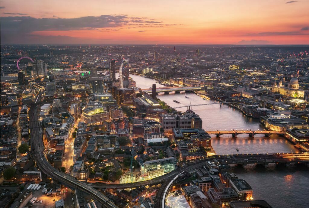 Aerial view of London skyline at sunset, United Kingdom.